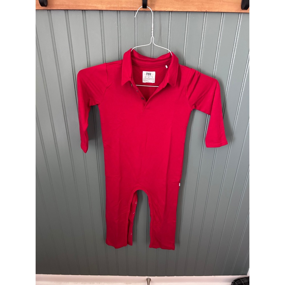 Little Sleepies Play Holiday Red Long Sleeve Polo Romper 3T LS